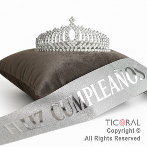 SET VINCHA Y BANDA FELIZ CUMPLEAOS STRASS PLATA (10547C) X 1